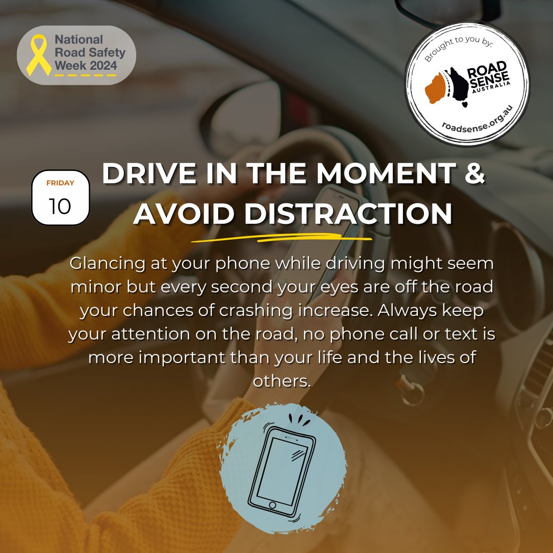 We're in the middle of National Road Safety Week!
The next two themes are How safe is my ride and Drive in the moment & Avoid distraction. 🚗

roadsense.org.au
 #roadsense #roadsenseau #roadsafety #nationalroadsafetyweek #NRSW2024