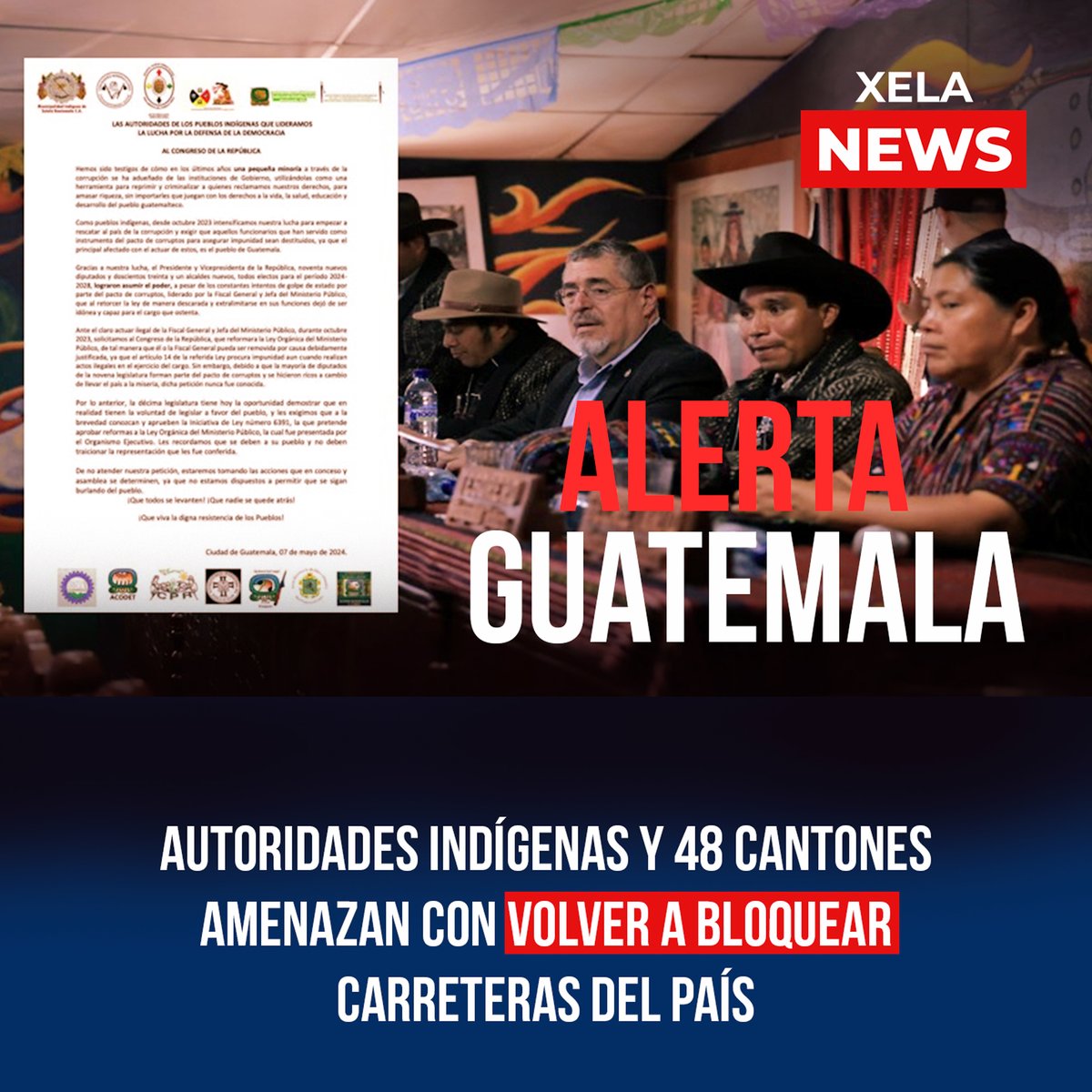 #AlertaGuate | Autoridades indígenas de #Sololá y los @48CantonesToto amenazan con volver a #bloquear el país, si el @CongresoGuate no aprueba la iniciativa presentada por #BernardoArévalo que busca destituir ILEGALMENTE a la Fiscal General del @MPguatemala.
#XelaNews 🇫🇷