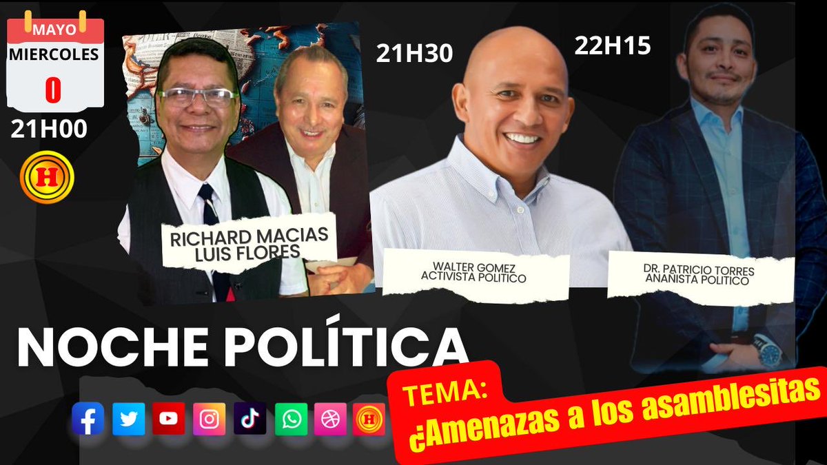 Los espero esta noche por ⁦@Hechostvecuador⁩, conversaremos de todo un poco de la coyuntura política del #Ecuador Pilas no te lo pierdas!!!