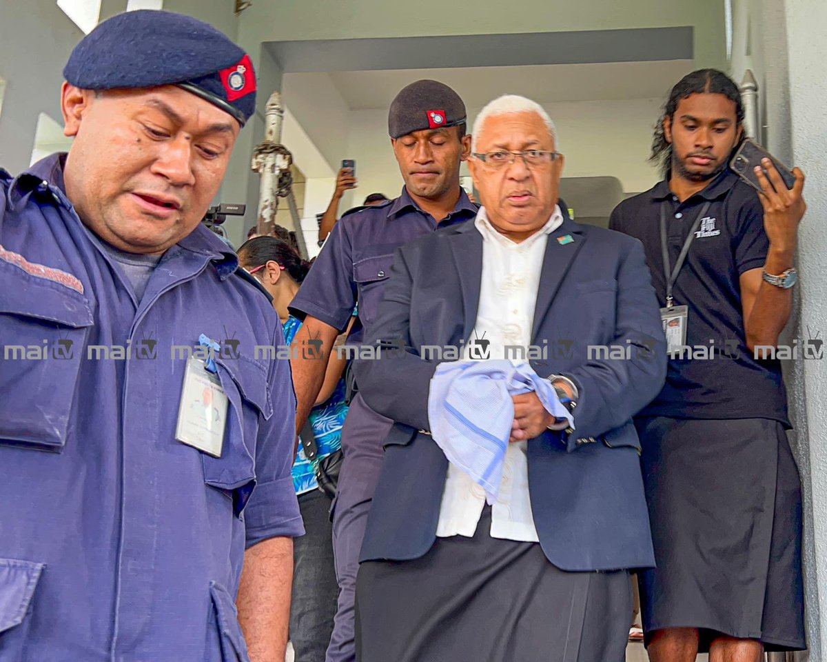 Former Prime Minister Voreqe Bainimarama in hand cuffs being led out of the Suva High Court today to make his way to Korovou Prison where he will serve his 1 year sentence. #FijiNews #Fiji