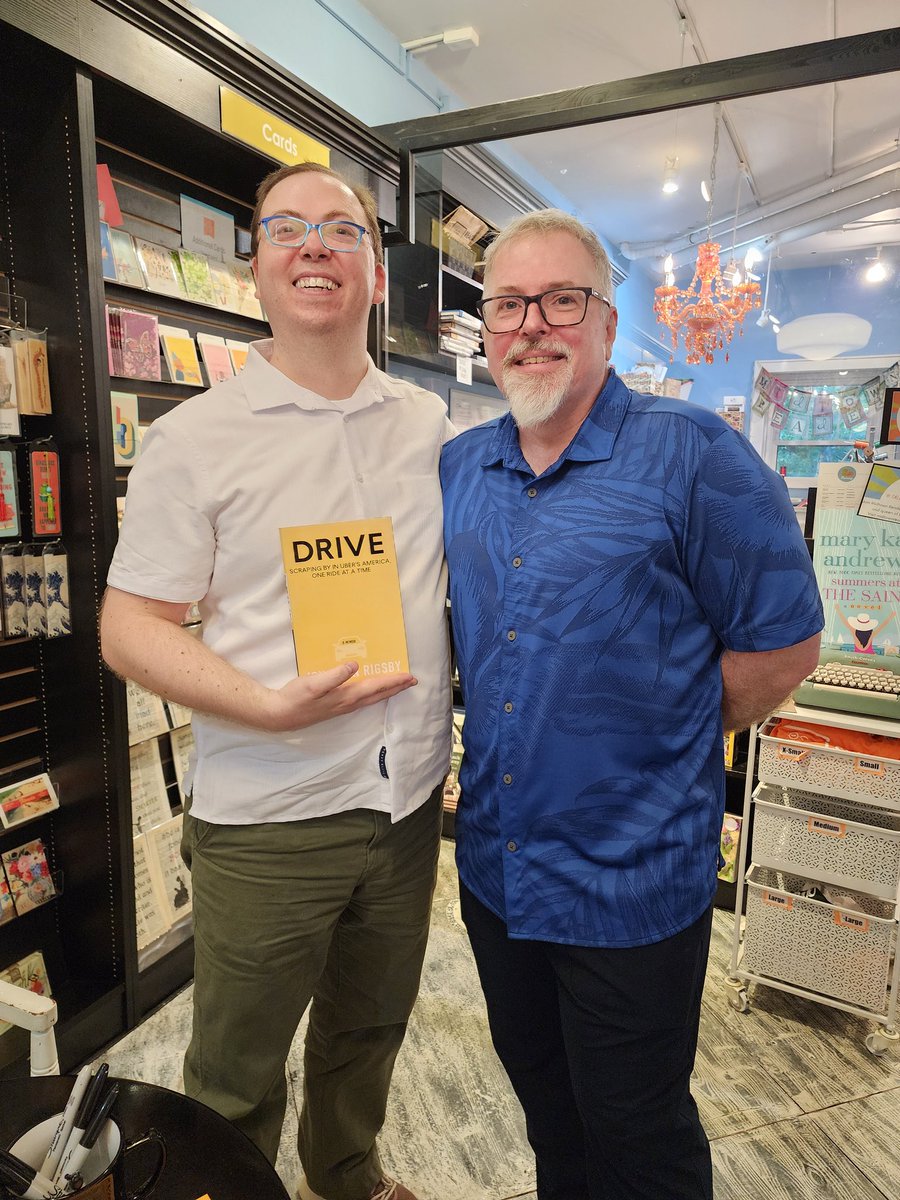 Nice photo of me and Jonathan, @ride_trips, at @midtownreader. Buy Drive, great book about being an Uber driver.