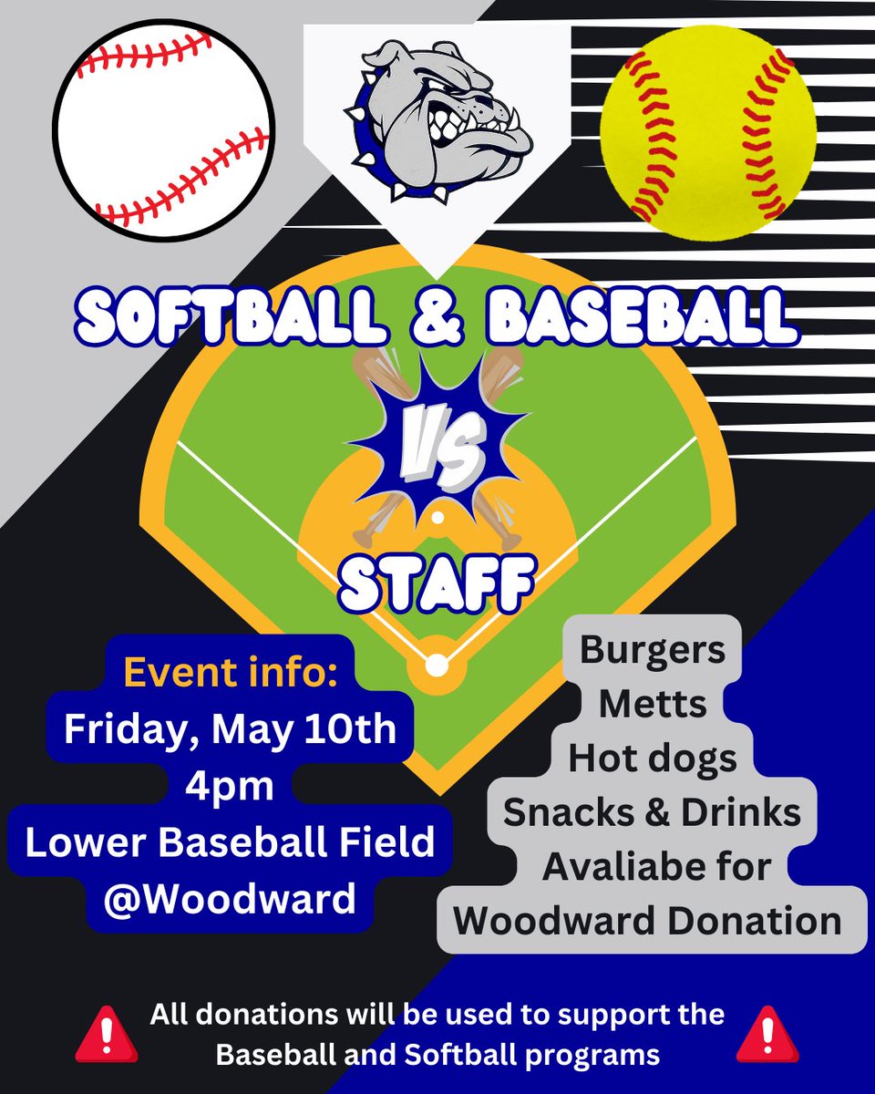 This FRIDAY is the Woodward Baseball & Softball 🆚Staff GAME!!🔥 📆Friday, May 10th ⏰4pm 📍Lower Baseball Field at Woodward🦴 Food and drinks will be available for Woodward donation. *All donations will be used to support the Baseball and Softball programs*
