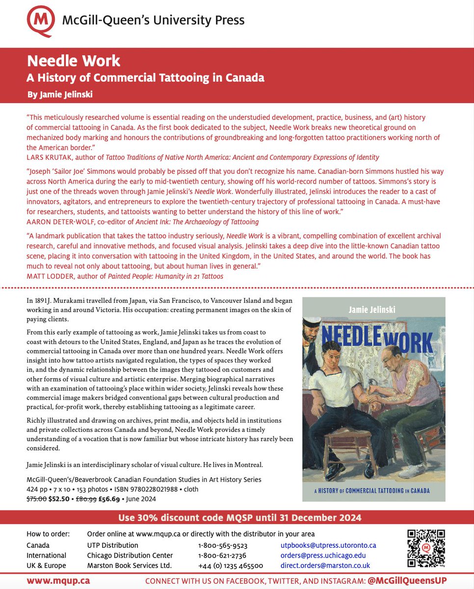 Jamie Jelinski (@jamiejelinski) on Twitter photo In advance of publication in a few weeks, my book, Needle Work: A History of Commercial Tattooing in Canada, is now available for direct purchase from <a href="/McGillQueensUP/">McGill-Queen's University Press</a> with a 30% discount. Use code "MQSP" at checkout.
mqup.ca/needle-work-pr… In advance of publication in a few weeks, my book, Needle Work: A History of Commercial Tattooing in Canada, is now available for direct purchase from <a href="/McGillQueensUP/">McGill-Queen's University Press</a> with a 30% discount. Use code "MQSP" at checkout.
mqup.ca/needle-work-pr…