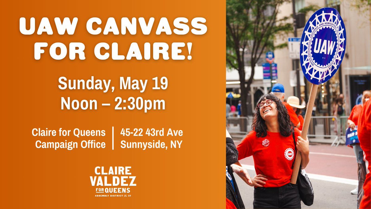 Our union is proud to have members like @claireforqueens running for office to fight for social and economic justice for working people. I encourage our members in @uawregion9a to canvass for her and for the labor movement to support a labor champion for New York State!