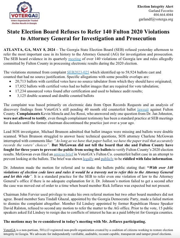 State Election Board Refuses to Refer 140 Fulton 2020 Violations to Attorney General for Investigation and Prosecution #FIX2020IN2024 #ElectionIntegrity
