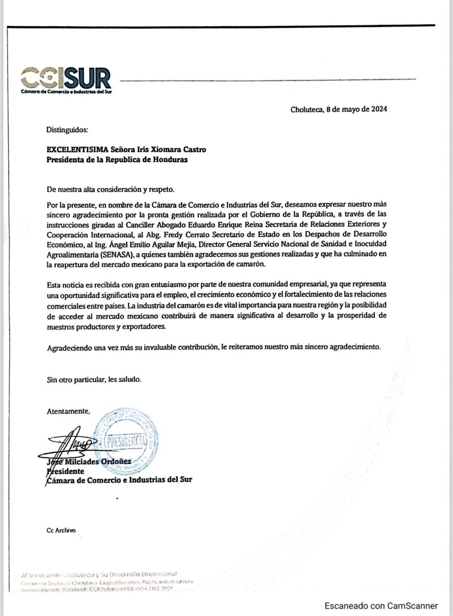 ¡Gran noticia! 🔴 El presidente de CCISUR, Milciades Ordóñez, expresa su agradecimiento a nuestra presidenta @XiomaraCastroZ por la pronta gestión que ha permitido la reapertura del mercado mexicano para la exportación de camarón. ¡Seguimos avanzando!