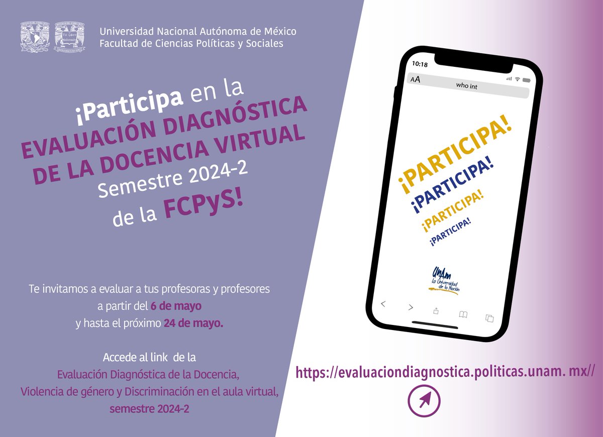 📣 ¡Participa en la Evaluación Docente de la FCPyS! 📣 🗓 Del 06 al 24 de mayo de 2024. 📲…aluaciondiagnostica.politicas.unam.mx || #EVALUACION #docente #FCPyS #UNAM