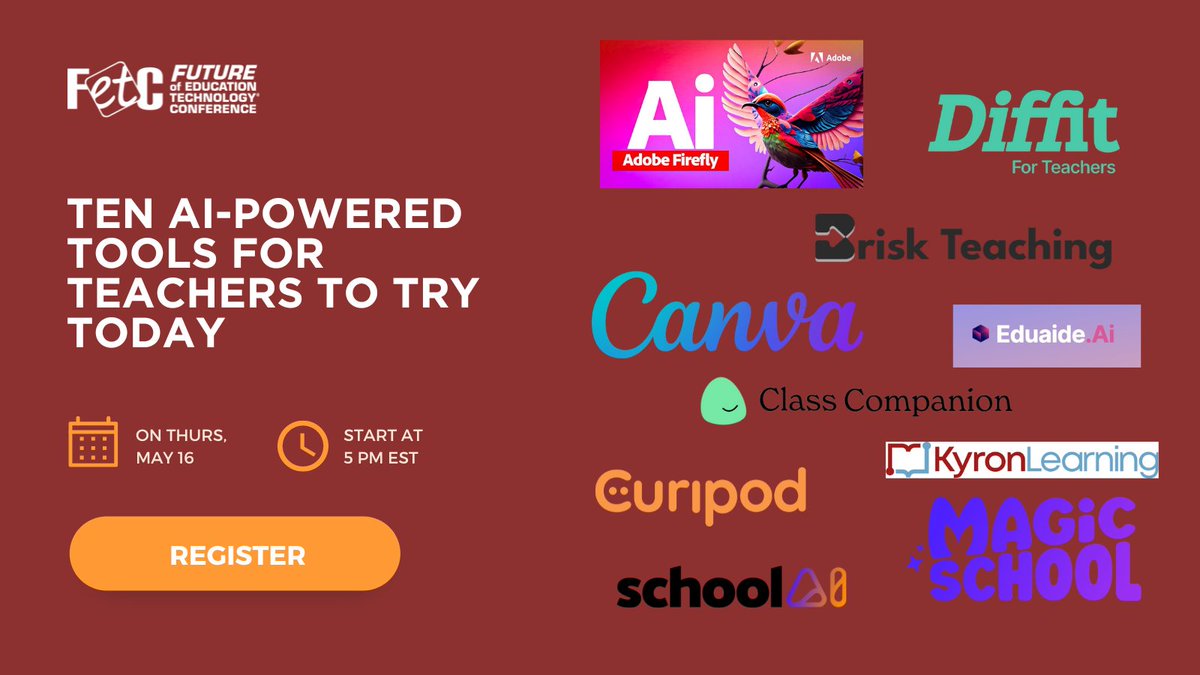 @FETC Announces: Ten AI-Powered Tools for Teachers to Try Today This webinar is designed to introduce teachers to ten #artificalintelligence tools for teachers to enhance their productivity, presentations, lesson plans, personalize learning, save time and take their teaching to…