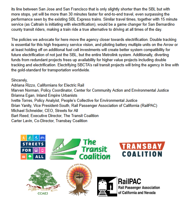 Our letter to @goSBCTA telling them not to buy any more unproven hydrogen fuel cell trains and to prioritize San Bernardino Line improvements. Thanks to @streetsforall, @PC4EJ , @CCAEJ, @RailPAC, @Transit_Co, @briannajegan, and @TransbayC for signing on!