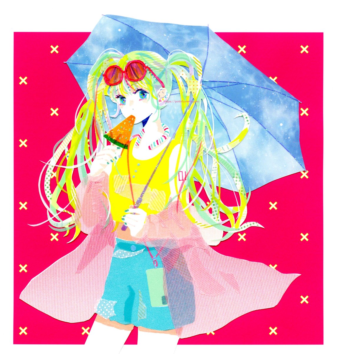 初音ミク「りょーのさんのミクさん!傘をさして、お出かけ中だホー?スイカ型のアイス、とても美」|piapro(ピアプロ)のイラスト