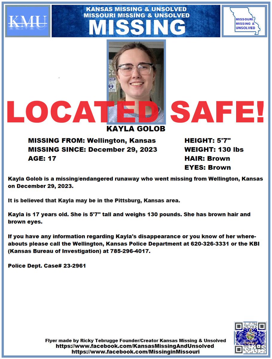 KAYLA HAS BEEN #LOCATED SAFE!!! THANK YOU TO ALL WHO SHARED HER FLYER!!! #MISSINGPERSON #MISSING @AnnetteLawless #KansasMissing #MissingInKS #Kansas #WellingtonKS