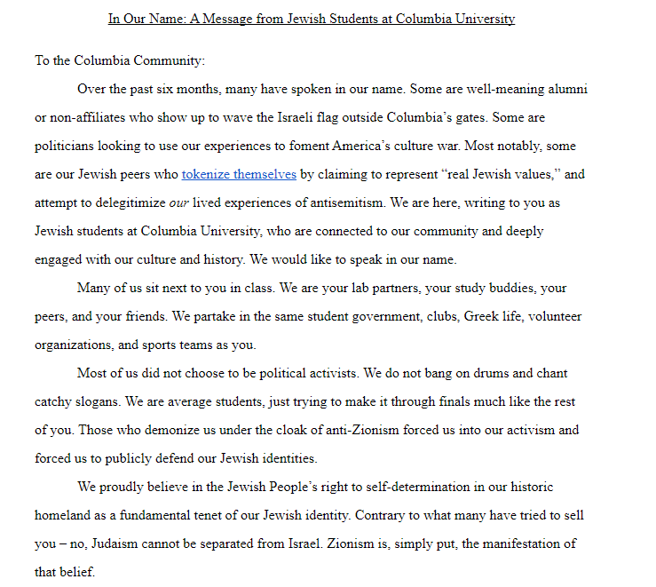_kobim's tweet photo. I find this letter by Jewish students at Columbia to clearly describe a lot of my experience as a Jewish and Israeli student at Princeton for the past months. I urge members of the Princeton community to read it, even if only to better understand another aspect of the protests https://t.co/aHo0T0pxgb