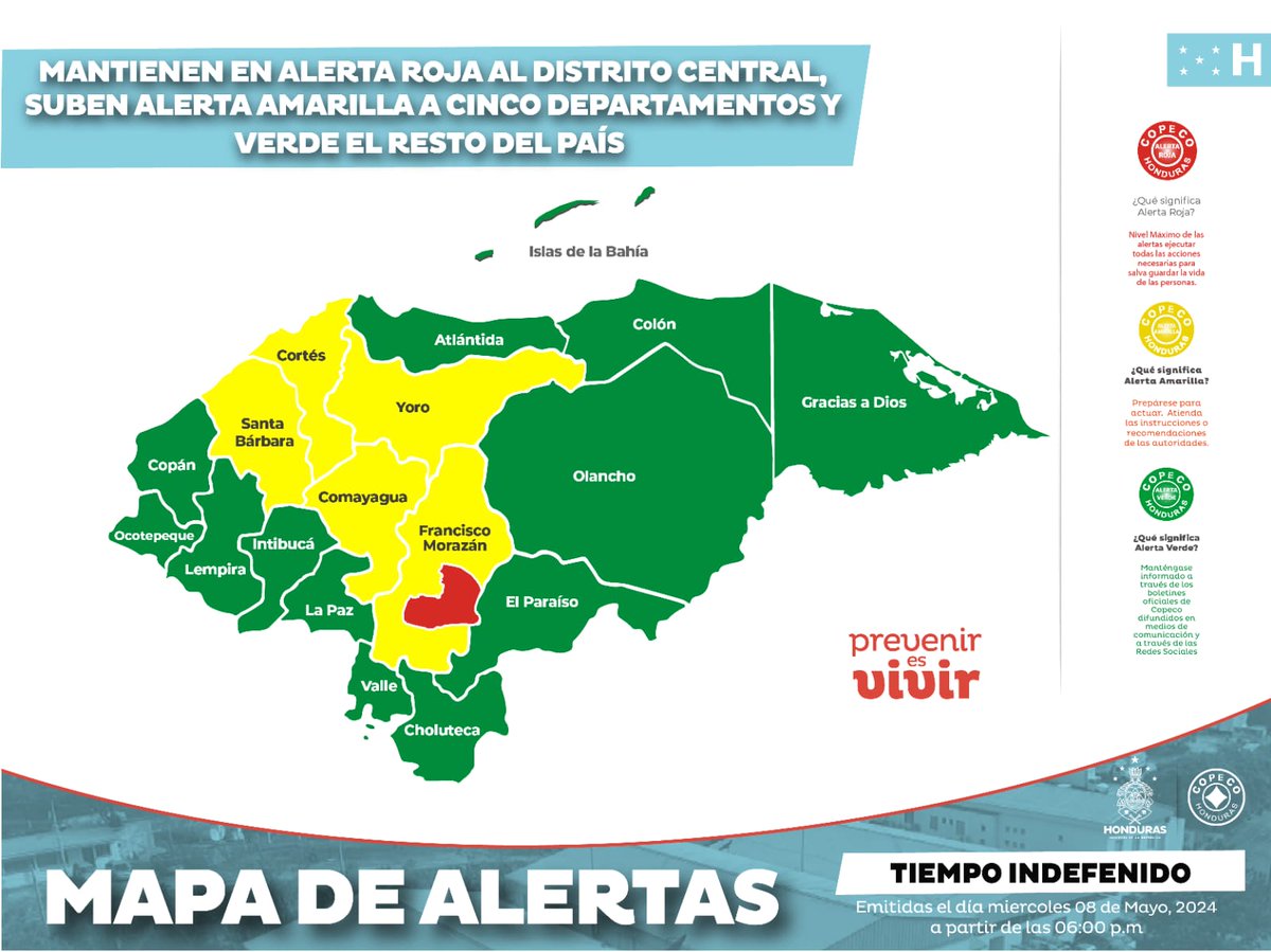 📢 Boletín de Alerta 009- 2024 Mantienen en Alerta Roja al Distrito Central, suben Alerta Amarilla a cinco departamentos y Verde el resto del país👇🏻