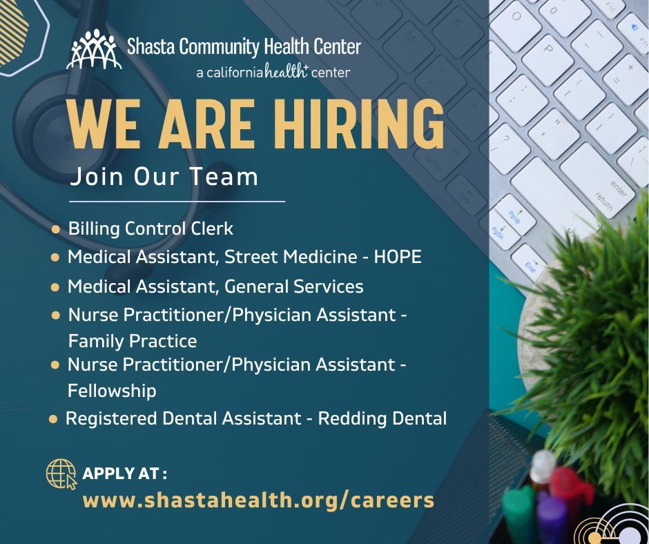 We are looking for kind, compassionate, and hard working individuals to join our team! Learn more and apply at shastahealth.org/careers. 

#healthcarejobs #jobseekers #RDA #MedicalAssistants #NursePractitioners #PhysicianAssistants