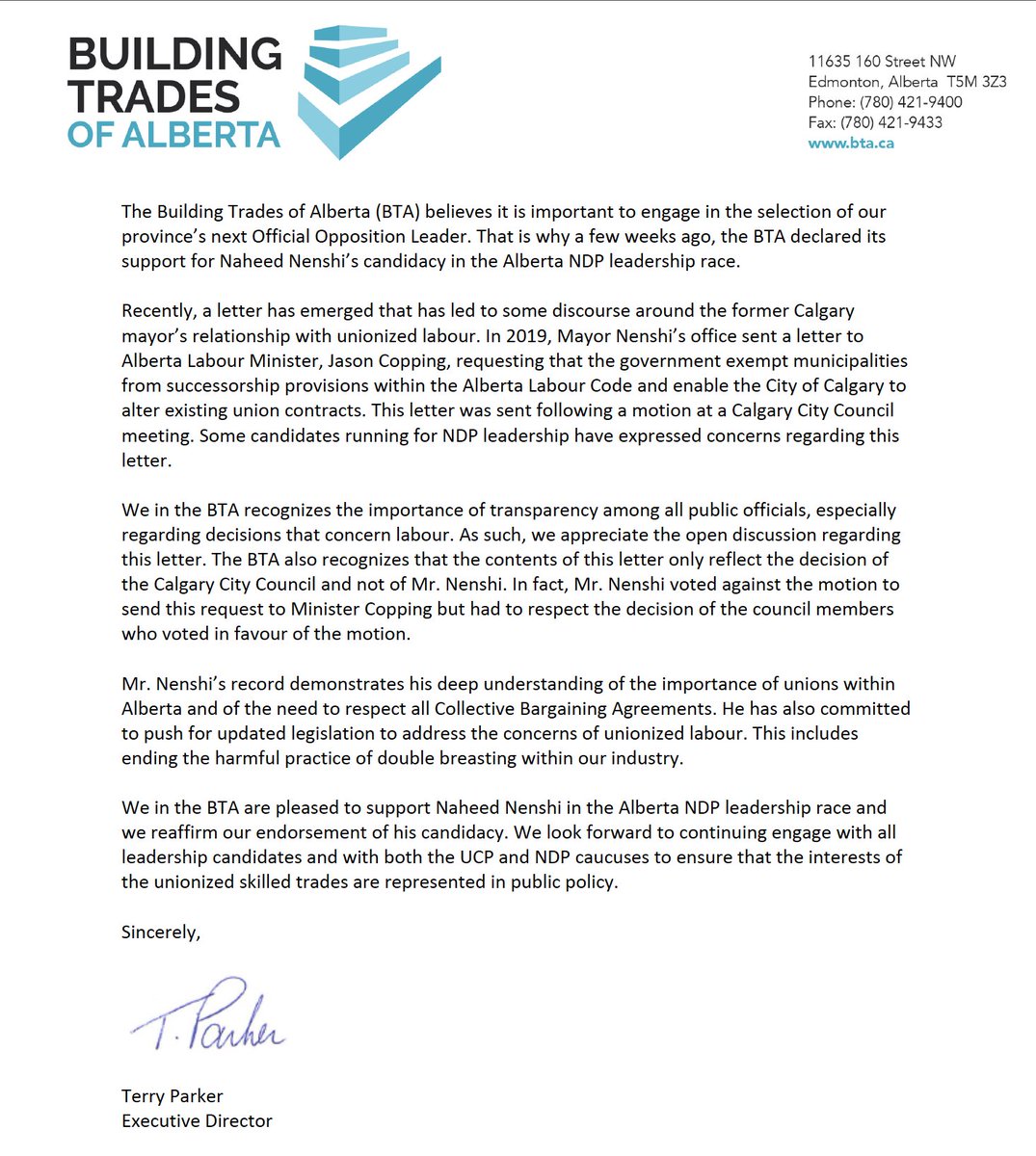 'We in the BTA are pleased to support Naheed Nenshi in the Alberta NDP leadership race and we reaffirm our endorsement of his candidacy' Read the full statement from our Executive Director Terry Parker below. #buildingtradesofalberta #abpoli