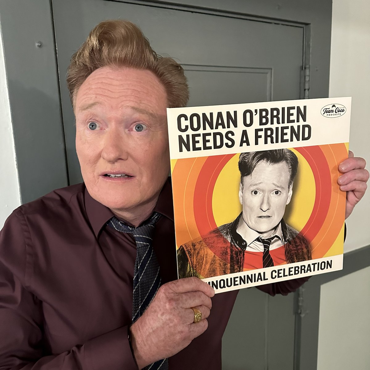 Attention future attic boxes: We’re releasing a 2nd pressing of the 'Conan O’Brien Needs a Friend: Quinquennial Celebration' vinyl. Limited to 5k copies, and now in orange. Get yours here: bit.ly/4dulsXT