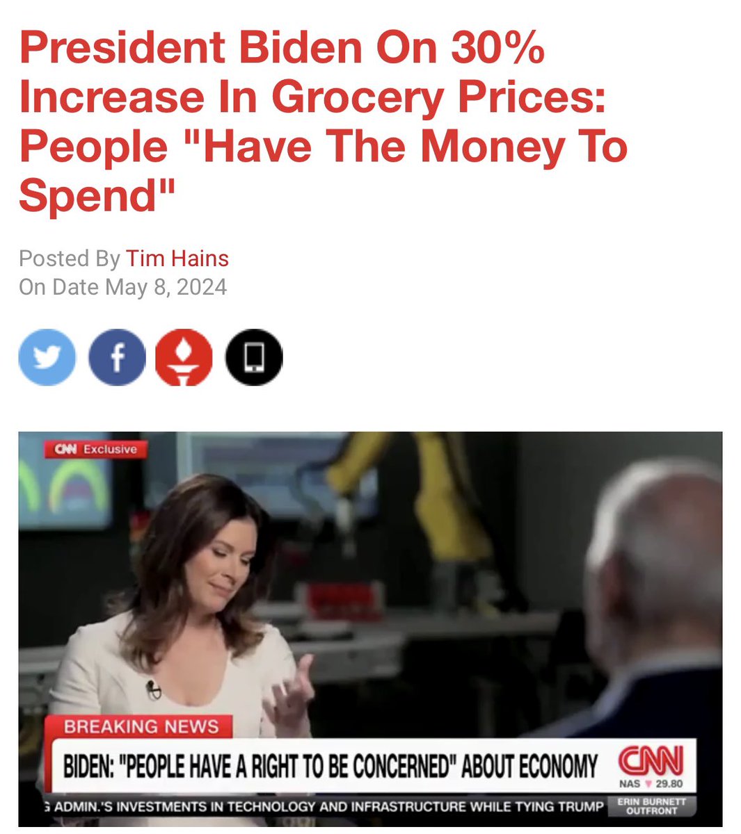 @simonateba During an interview with CNN's Erin Burnett, President Biden had this response to a reported 30% increase in the price of groceries. 'It really is, and it is real, but the fact is that if you take a look at what people have, they have the money to spend. It angers them and it…