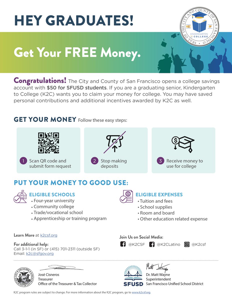 📣Calling San Francisco grads: Claim YOUR money today! @SFUnified and charter school students have at least $50 in their K2C account to continue their studies after high school. Submit your K2C withdrawal form before the next school year starts in August: sfgov.org/k2c/graduating…