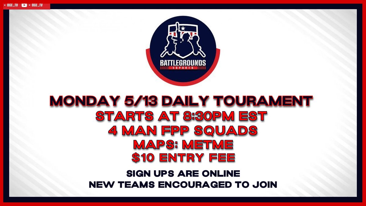 Calling All PUBG Console Players:

We are Back... BGE Amateur Nights kick of this coming Monday May 13th at 8:30pm.
Then Amateur night will be on every Monday after that.
Signup Here: forms.gle/rxWhtyckLXxZ8q…
Discord Link is in our Bio. DM with any questions.
<a href="/PUBG/">PUBG: BATTLEGROUNDS</a> <a href="/PUBG_US/">PUBG: BATTLEGROUNDS US</a>