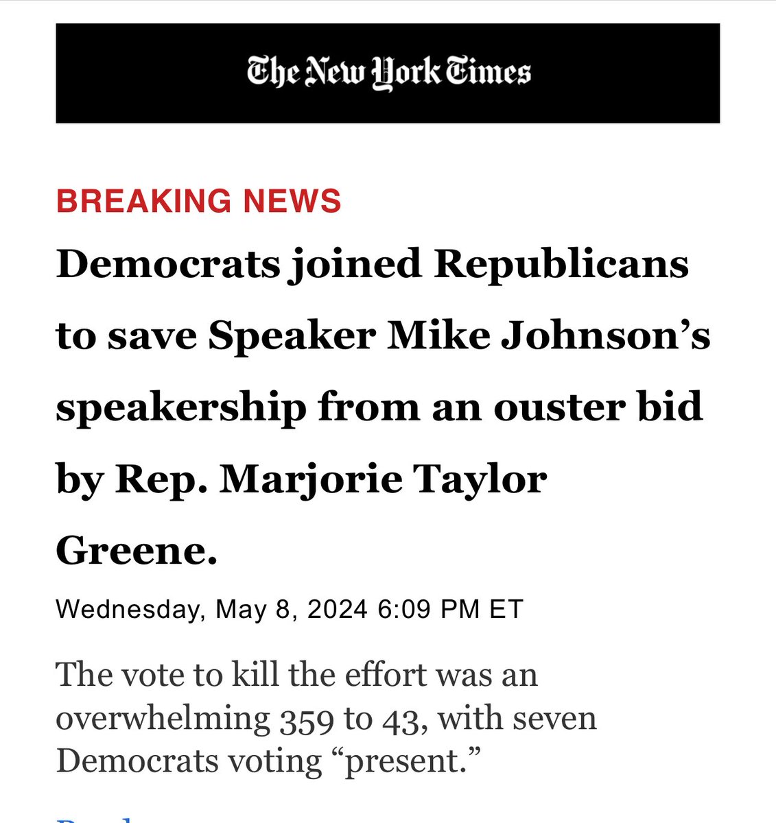 Democrats will live to regret saving Mike Johnson because he’s a weirdo nuts and phony.... but for now he’s not quite as weird nuts or brainless as Marjorie Taylor Greene