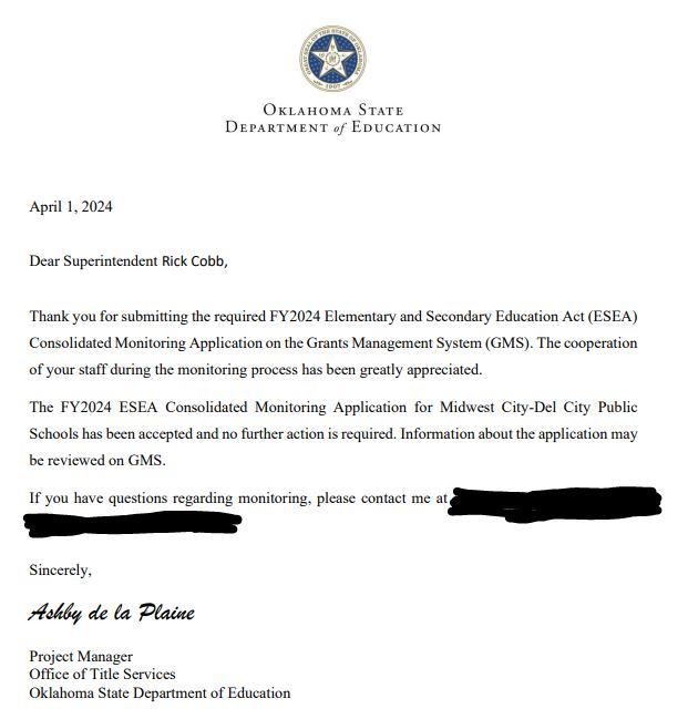 @OKCFOX @AdamKing_News @wsuares MDPS says they will review their purchasing policies/procedures. But, they add that OSDE recently reviewed those things. MDPS shared this letter with Fox 25 that OSDE sent to them in April - the agency thanks them for their cooperation and says 'no further action is required.'