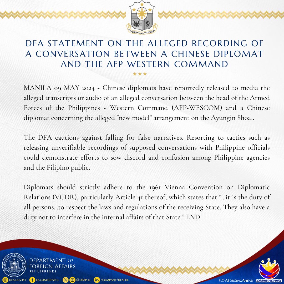 (1/2) READ #DFAStatement: Chinese diplomats have reportedly released to media the alleged transcripts or audio of an alleged conversation between the head of the Armed Forces of the Philippines - Western Command (AFP-WESCOM) and a Chinese diplomat concerning the