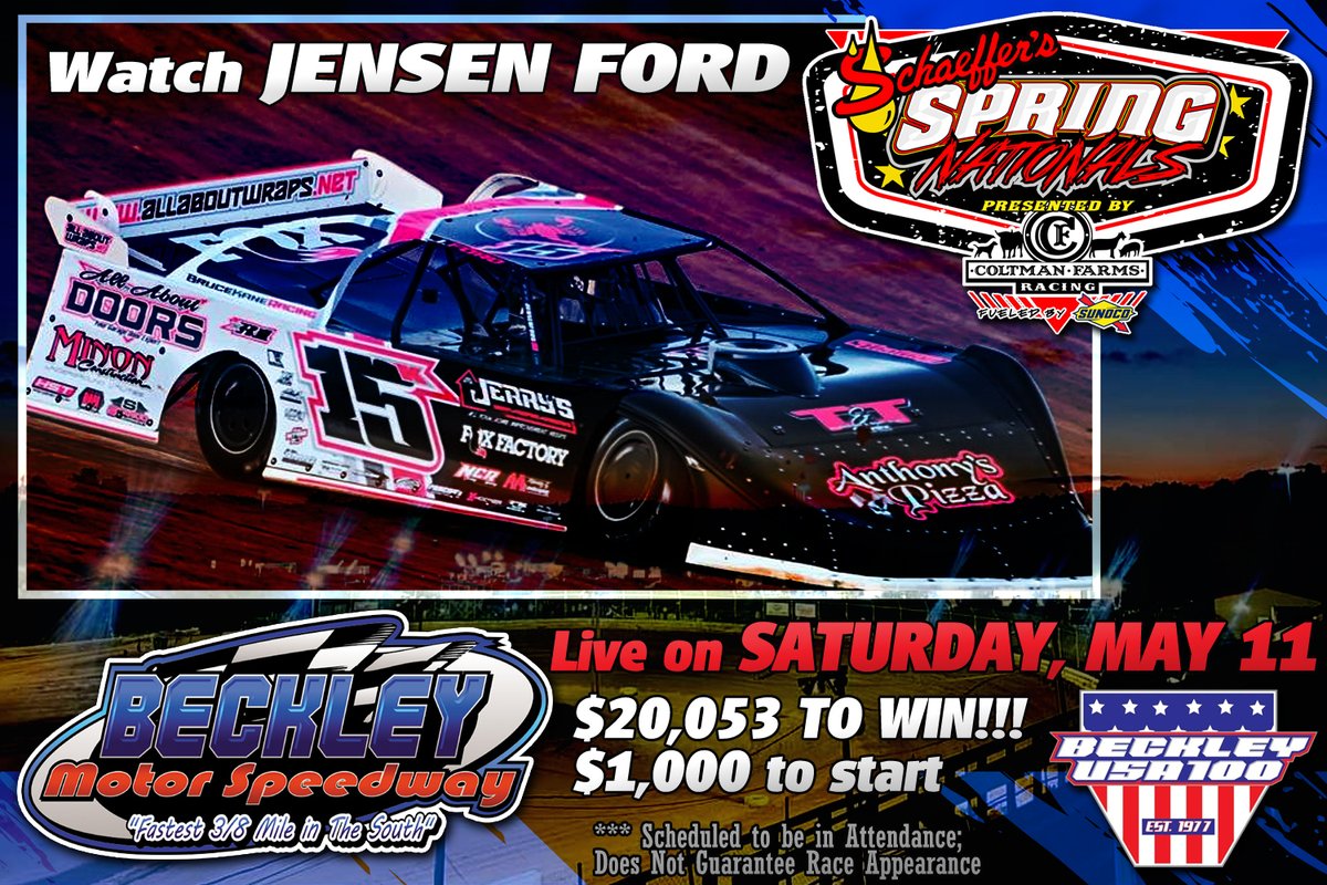 Watch @JensenFord83 vie for the $20,053 top prize with the @SchaefferOil #SpringNationals in the annual Beckley USA 100 on Saturday, May 11 at Beckley Motor Speedway! If you are unable to make the trip to Mount Hope, West Virginia, watch every lap LIVE on @FloRacing. 🏁