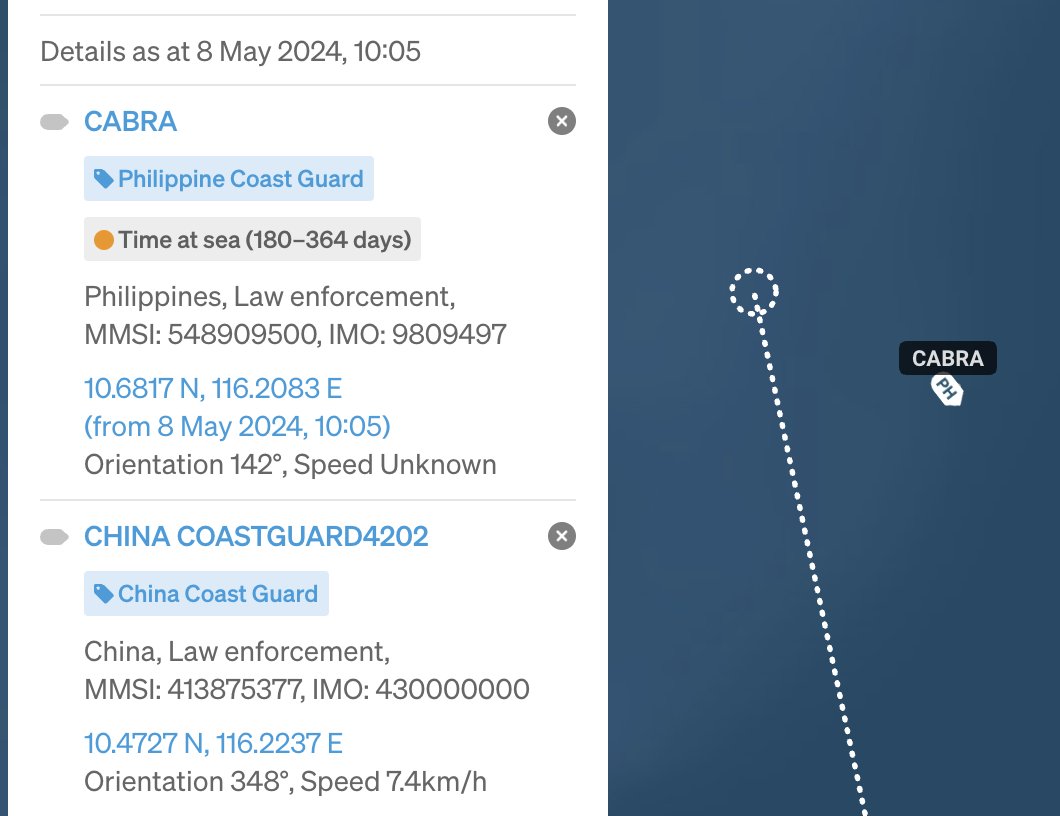 Yesterday (8 May) 🇨🇳#China Coast Guard 4202 was sent to confront the 🇵🇭Philippine Coast Guard's BRP Cabra at Iroquois Reef at the SW corner of Reed Bank in the #Philippines' exclusive economic zone. BRP Cabra had been patrolling there for 2 days.