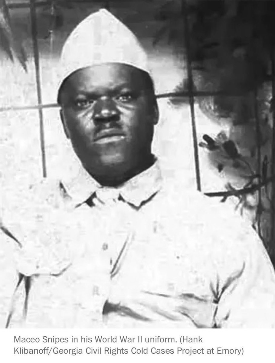 In 1946 WWII veteran Maceo Snipes was shot in his back by the KKK the day after he became the first Black person to cast a vote in Taylor County, Georgia. After he was shot, Mr. Snipes walked three miles to the hospital with his mother. For six hours doctors left him waiting…