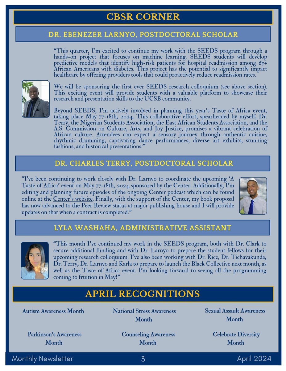 Our April newsletter! Visit cbsr.ucsb.edu "News" page to access links.