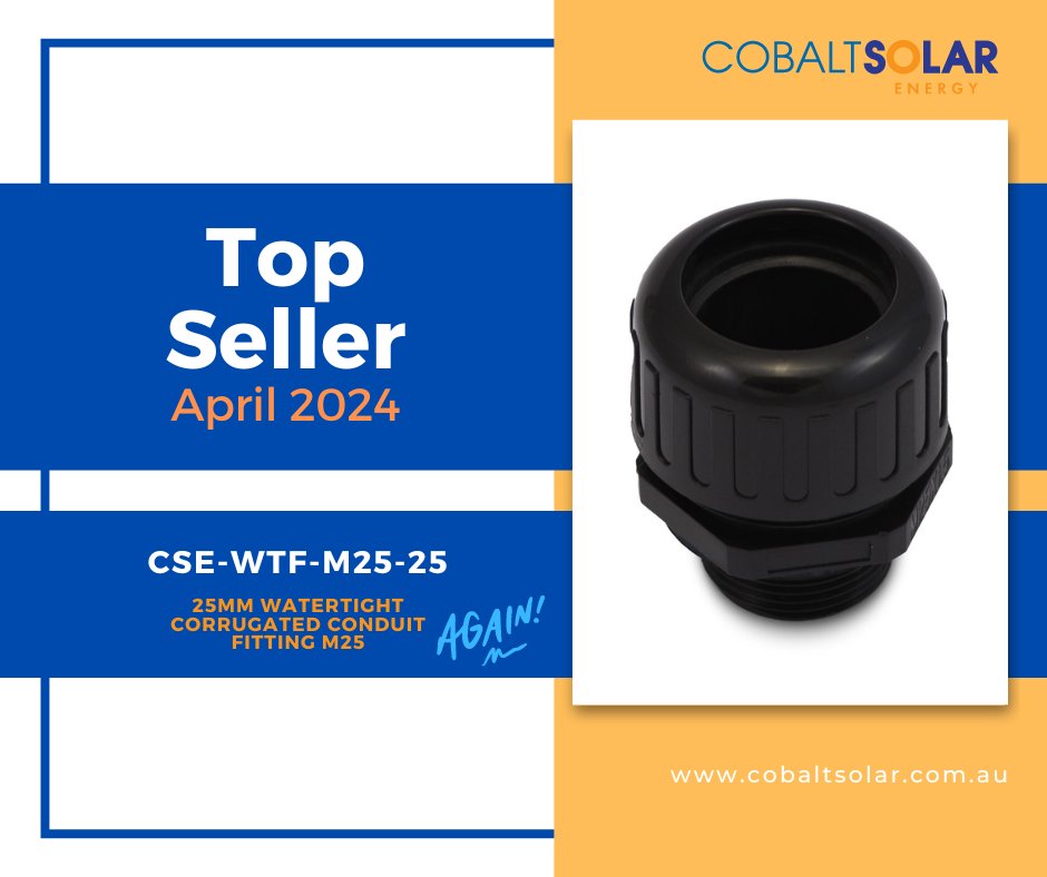 Our top seller for March, the 25mm Watertight Corrugated Conduit Fitting, remains a favourite in April. 📈

#topseller #april2024 #cobaltsolarenergy #easyinstallation #BoS #solarinstaller #solarwholesale #conduitfitting #corrugatedconduit #solarcomponents