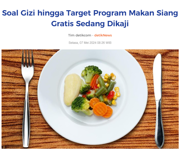 Soal Gizi hingga Target Program Makan Siang Gratis Sedang Dikaji

#PrabowoSubianto 
#PrabowoPresiden 

PRABOWOsiapkan DgnFOKUS
UntukNEGARA UntukRAKYAT

news.detik.com/berita/d-73282…