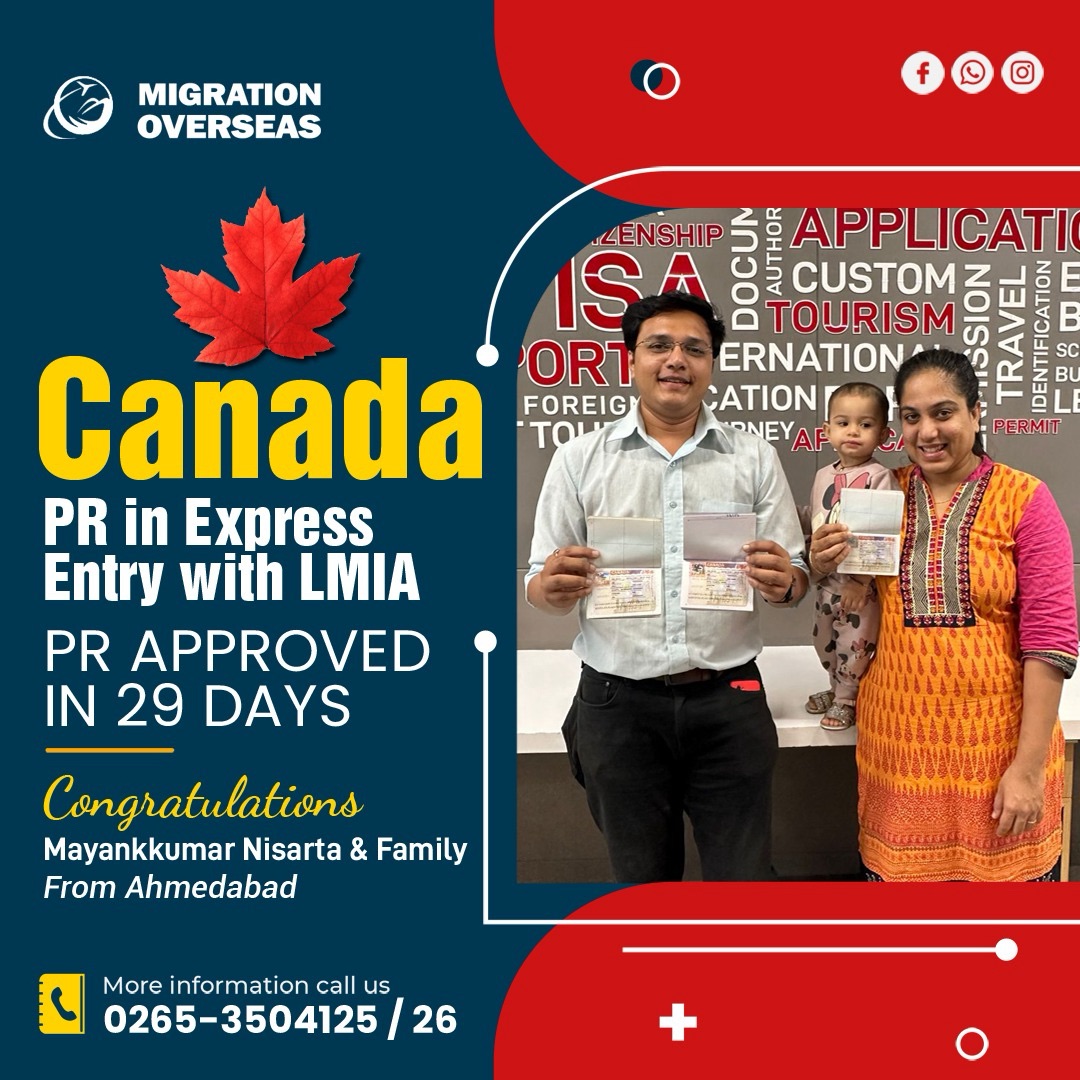 Congrats Mr. Mayankkumar Nisarta and family from #Ahmedabad for getting #Canada 🇨🇦 #PR under #ExpressEntry Stream with the help of #JobOffer amd #LMIA in just 29 days after file submission. Call 0265-3504125 for appointment. #MigrationOverseas #LatePost