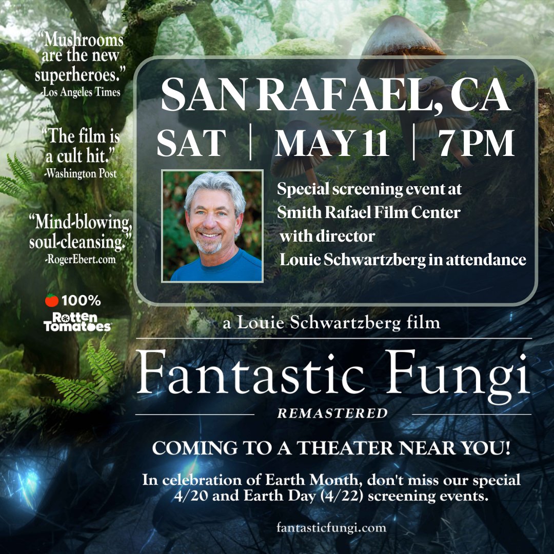Join Fantastic Fungi director Louie Schwartzberg for this special screening event at @cafilminstitute this Saturday, May 11! 🍄 This new edition of the film includes never-before-seen footage! Tix: rafaelfilm.cafilm.org/fantastic-fung… #FantasticFungiRemastered