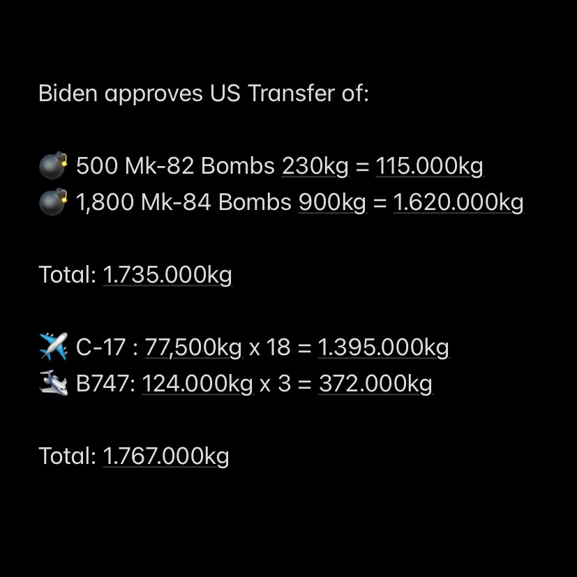 ‼️Did the US deliver 100% of what it promised to Israel ?

I posted earlier a list of April's 21 US flights to Nevatim Air Base.

Total payload ≈ 1.767 Tons.

On March 29 the US authorized the transfer of 1.800 Mk-84 & 500 Mk-82 Bombs.

Total Weight ≈ 1.735 Tons.