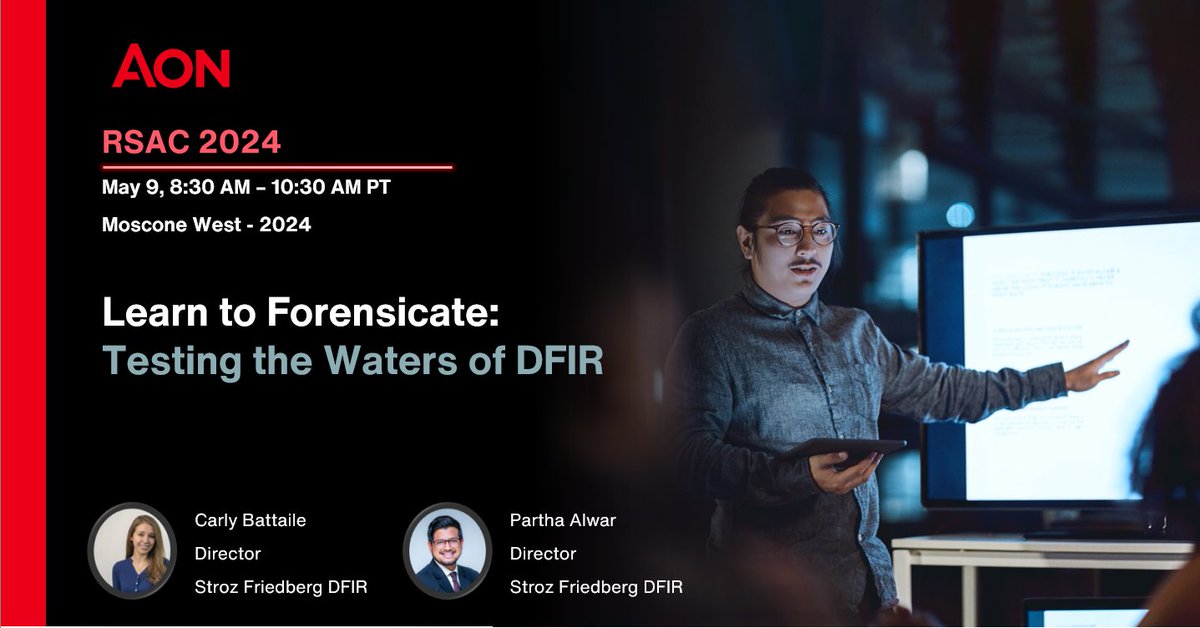 Join our DFIR directors Partha Alwar and Carly Battaile for a forensic-focused Learning Lab at #RSAC2024 in San Francisco on May 9 at 8:30am PT.

To view details on the session and reserve a seat visit aon.io/4aSsrrD

#StrozFriedberg #DFIR #IncidentResponse #Aon #RSAC