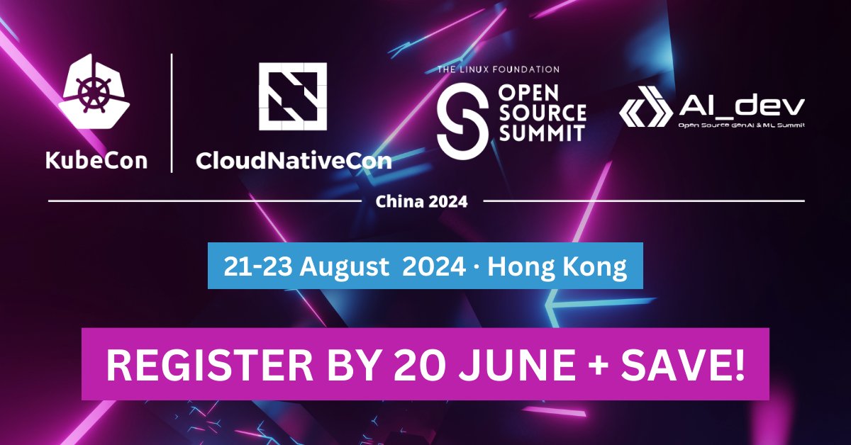 Join us in Hong Kong from 21-23 August for #KubeCon + #CloudNativeCon + #OSSummit + #AIDev China! It's THE event for anyone looking to delve deeper into #OpenSource, #CloudNative, #K8s & the burgeoning #AI world. ✨ Register by 20 June & save up to US$200: hubs.la/Q02wxYjB0