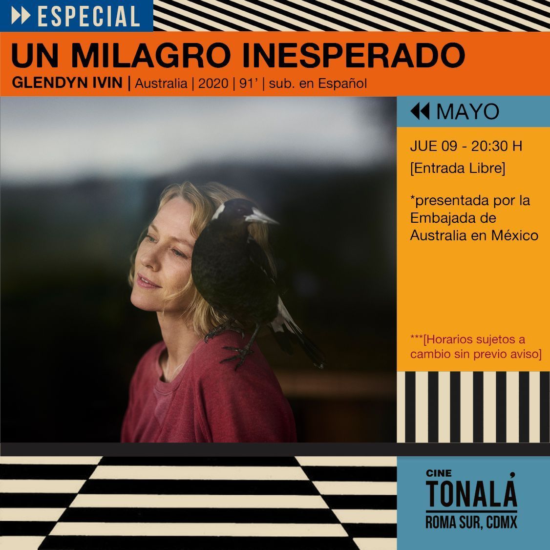 La Embajada de Australia en México @EmbaMexAus invita a la proyección de #UnMilagroInesperado #PenguinBloom 🗓️JUE 09 MAYO - 20:30 H 🍸*Copa de cortesía - 19:30 H 💸Entrada libre 🎟️**Boletos disponibles en taquilla 2 hrs antes de la proyección *CUPO LIMITADO*