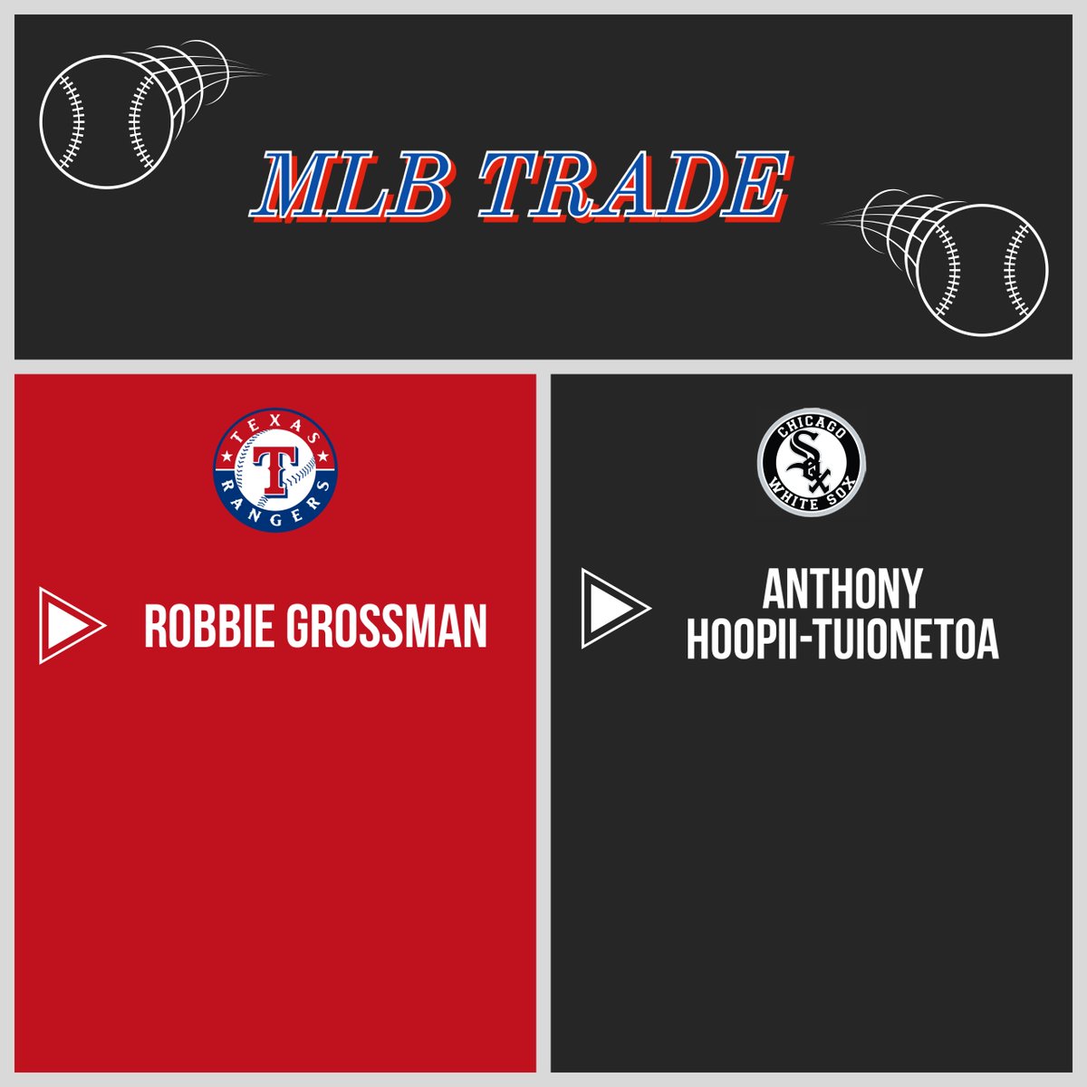 Earlier today, the Chicago White Sox traded outfielder Robbie Grossman to the Texas Rangers for minor league right-hand pitcher Anthony Hoopii-Tuionetoa. Grossman is excepted to return to a familiar role for the team. #chicagowhitesox #mlbtrade #robbiegrossman #texasranger 👀⚾🔁