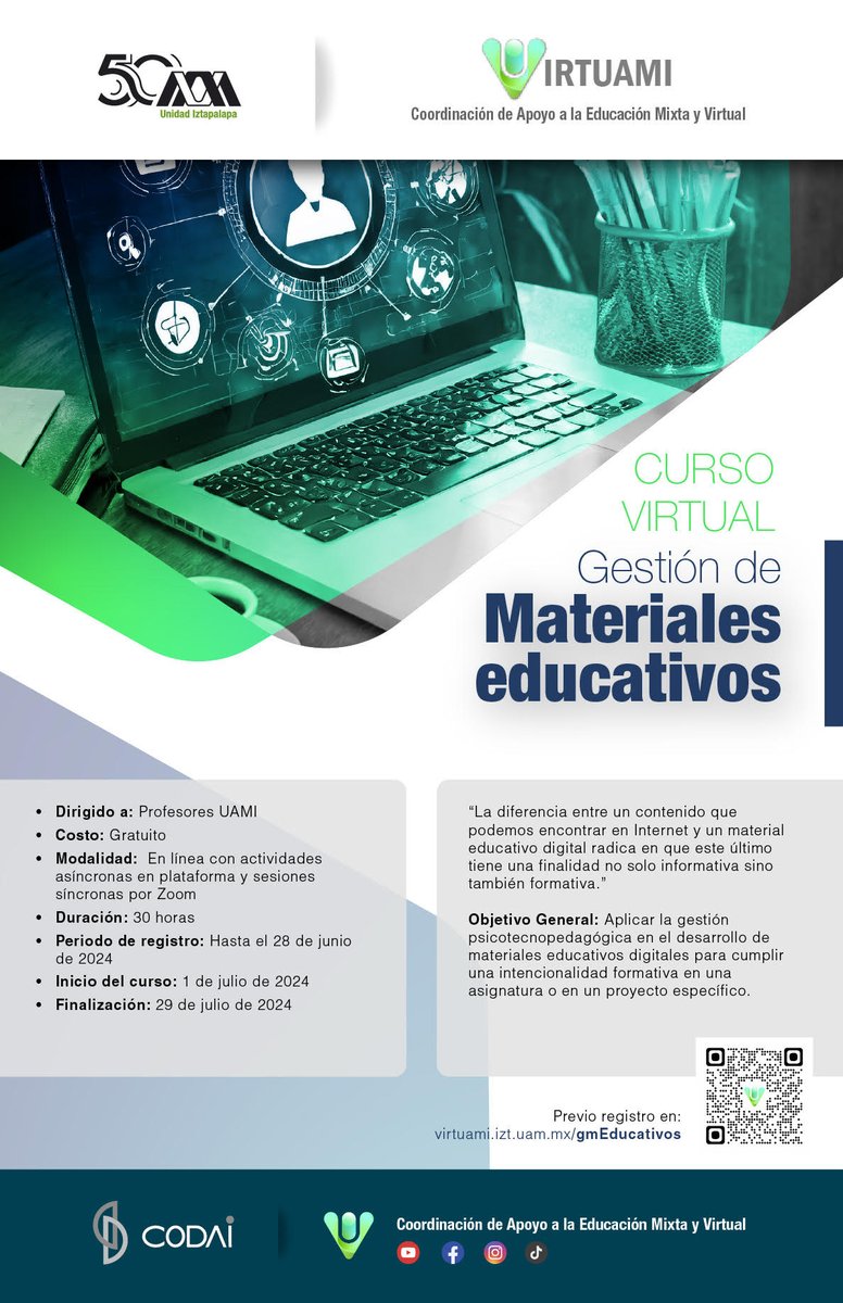 UAM_Iztapalapa's tweet photo. #CursoVirtual "Gestión de materiales educativos".
Gratuito y en línea, con actividades asíncronas en plataforma y sesiones síncronas en Zoom. 
⌛️  Duración: 30 horas
📅 Inscripción: hasta el 28 de junio 
🗓  del 1 al 29 de julio 
🔗Registro en: https://t.co/aefYAomgYI
#Virtuami https://t.co/5M427BXRvl