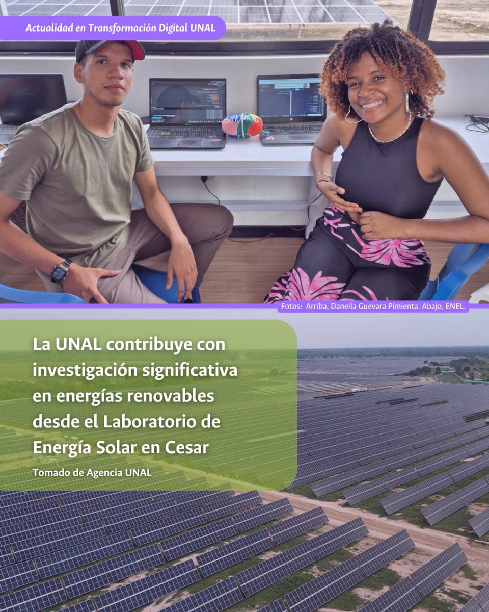 #ParaLeer El Laboratorio de Energía Solar en La Paz, Cesar, impulsa el talento en la UNAL. Estudiantes Daniela Guevara y Juan David Márquez brillan con 'Sensopaz', ganador en la hackathon solar. Conoce más del proyecto en: bit.ly/4bvheh2 | #SomosTransformaciónDigital