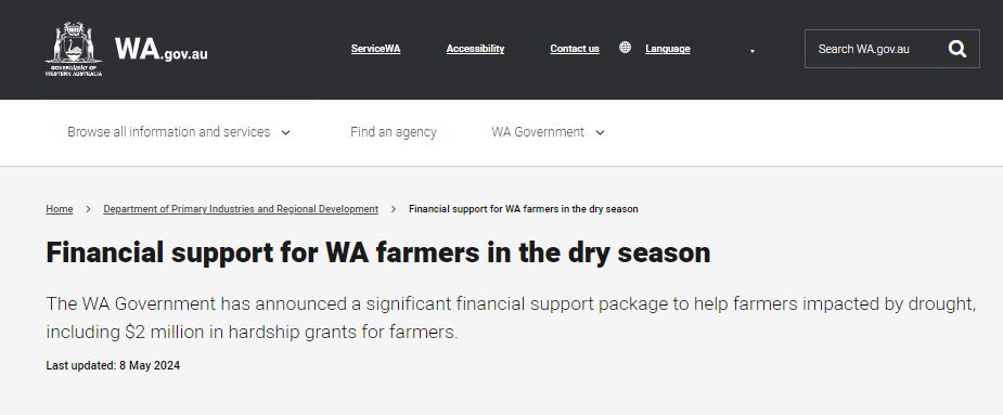 Information is circulating on the WA government's support in response to the dry season challenges being faced around the state. Find out about the financial support initiatives; hardship grants, interest-free loans and water supply projects. Full details:
ow.ly/4r6l50RzZp4
