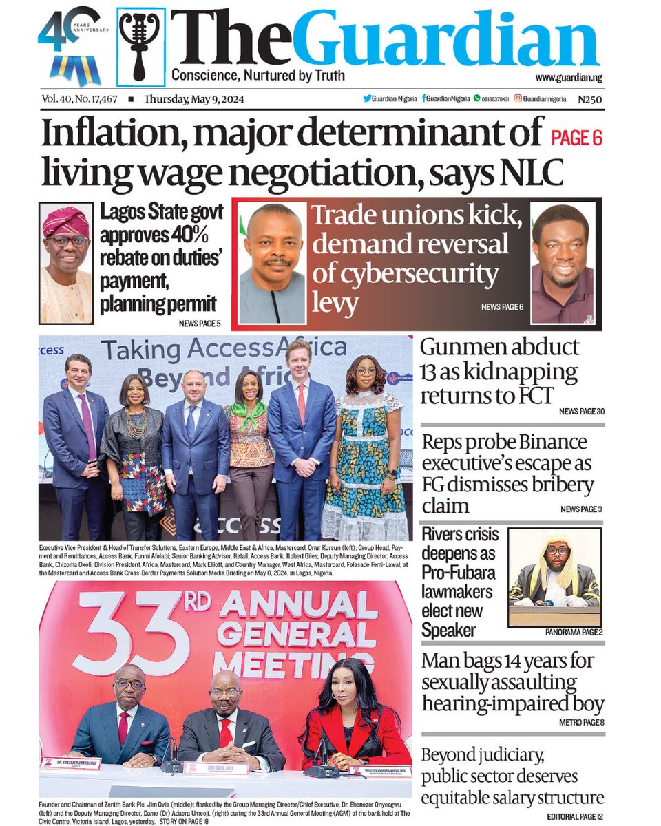 These are the headlines in today’s edition of The Guardian.

Get The Guardian on the newsstands for the latest in world news, sports, and in-depth analysis. ⁣

Visit guardian.ng for more.

#Inflation #NLC #Wages #DutyPayment #CybesecurityLevy #TradeUnions #Kidnap