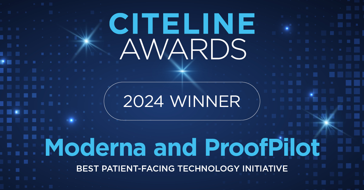 We're thrilled to announce that Moderna and ProofPilot are the winners of the Citeline Awards for Best Patient-facing Technology Initiative! Congratulations! #CitelineAwards ow.ly/8SO150Ruuri