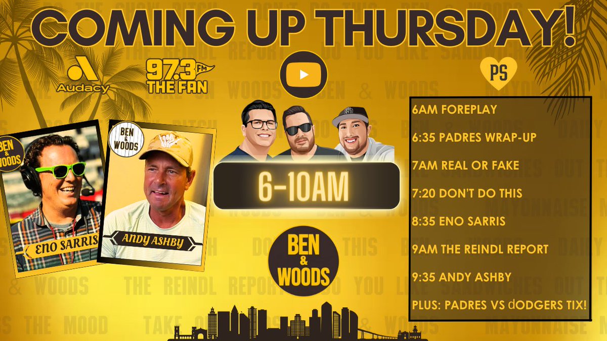 Join us Thursday as we talk about another series win for the Padres! We'll talk with @enosarris & Andy Ashby, AND we've got a pair of tickets to Friday night's game to give away! Foreplay starts at 6am on @973TheFanSD ❤️