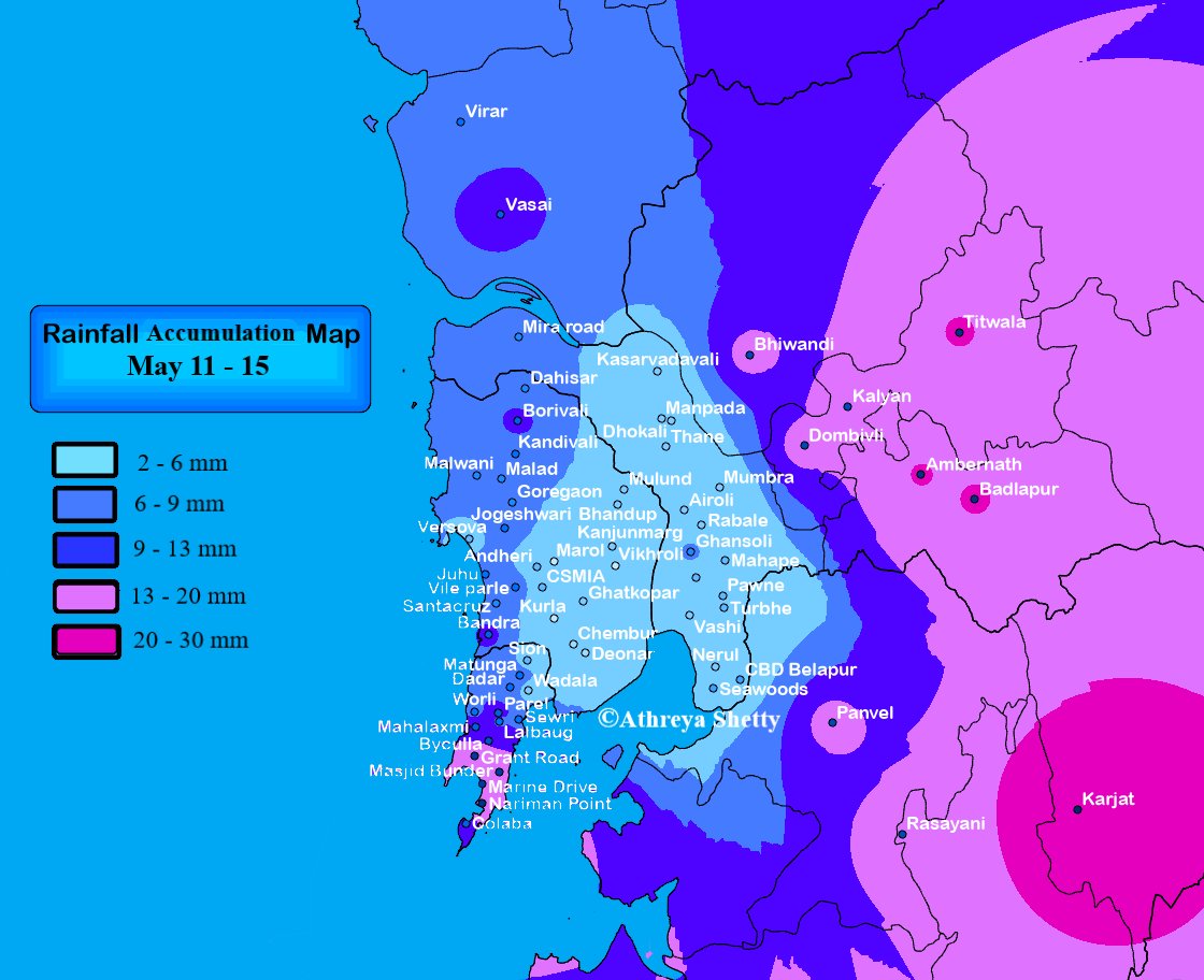 Here's your full details on #MumbaiRains May 11-15 ⛈️

MMR all set to witness it's first good spell of evening #PreMonsoon #thunderstorms from Saturday onwards, for subsequent 5 days. Monday/Tuesday likely to be the peak of the activity. Estimated rainfall distribution shown in…