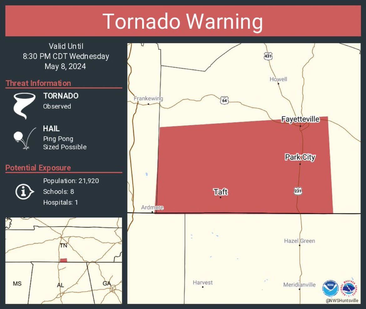 #Tornado Warning continues for #Fayetteville TN, #ParkCity TN and  #Taft TN until 8:30 PM CDT