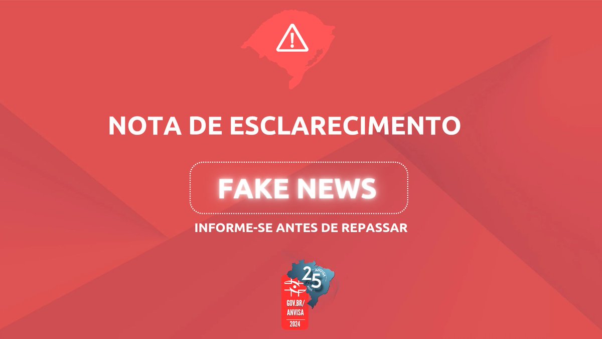 anvisa_oficial's tweet image. É falso o vídeo que está circulando nas redes sociais sobre a Anvisa estar proibindo a entrada de medicamentos doados para atender as vítimas da calamidade provocada pelas enchentes no Rio Grande do Sul.
 Fake News é crime. Informe-se antes de repassar! gov.br/anvisa