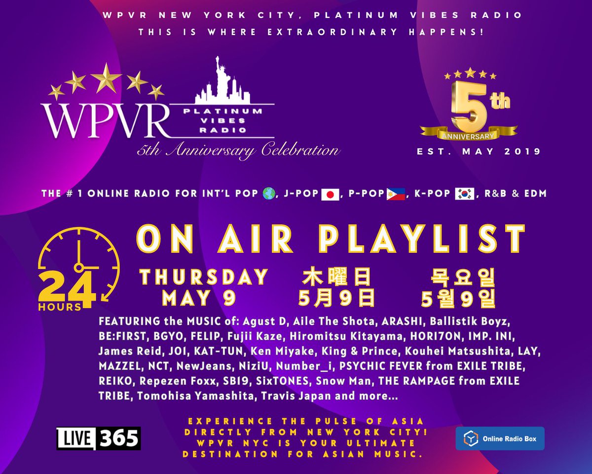 🔥Hey Platinum World! This is the WPVR NYC 24-hour playlist for Thursday, May 9, 2024. Thank you as always for listening! / PVRワールドの皆さん！5月9日 (木曜日）のWPVR NYC 24時間プレイリストです。いつもお聴きいただきありがとうございます/ 5월9일 (목요일) WPVR NYC 24시간…