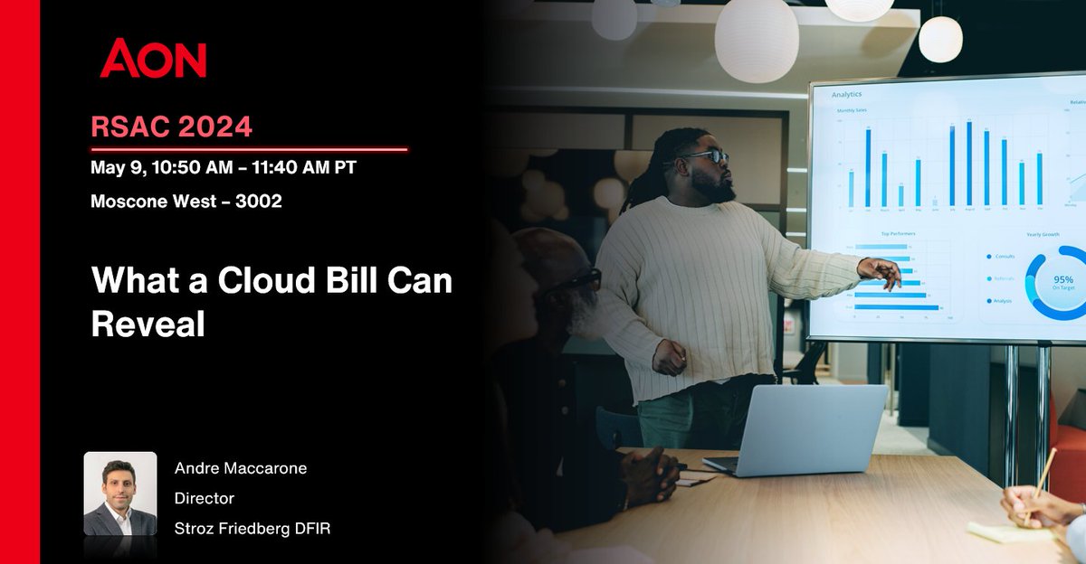 If you're in San Francisco for #RSAC2024 tomorrow, check out Stroz Friedberg's talk 'What A Cloud Bill Can Reveal' by Andre Maccarone at 10:50am PT.

To view details on the session and reserve a seat visit aon.io/3xx4Cax.

#StrozFriedberg #DFIR #IncidentResponse #Aon…